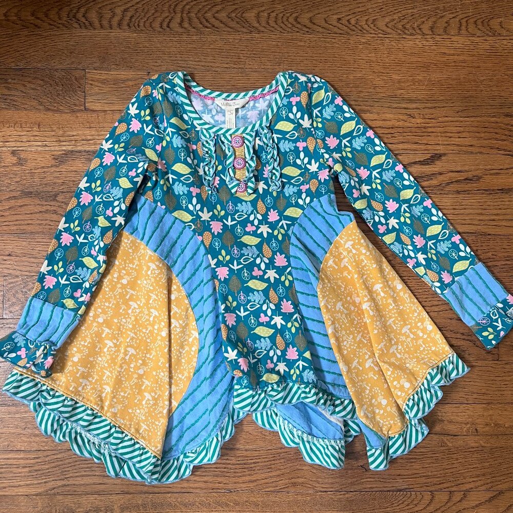 Matilda Jane size 6 Make Believe footpath tunic Asymmetrical Stripes Blue/Green